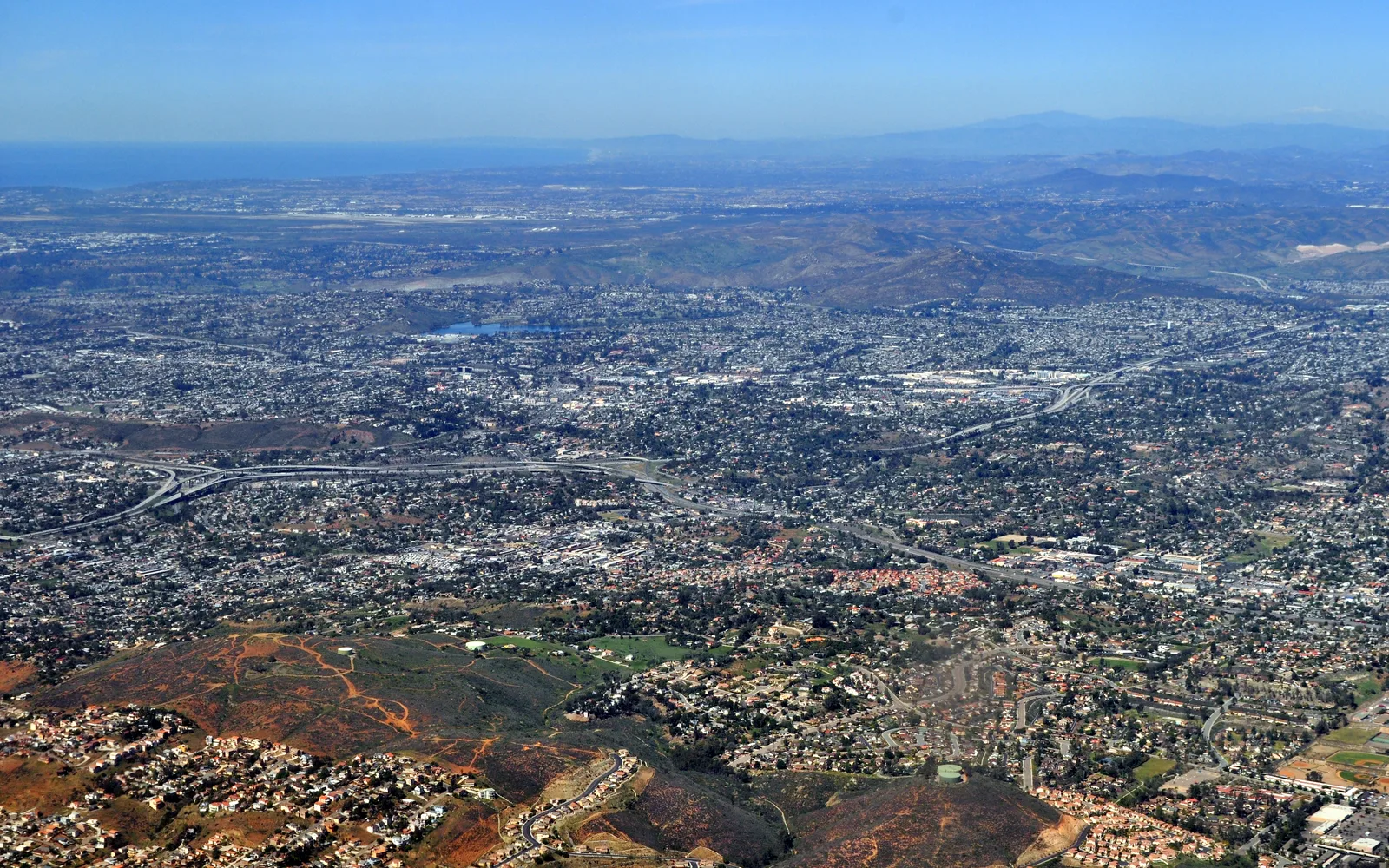 Aerial view of East County San Diego showing Lake Murray and the surrounding region